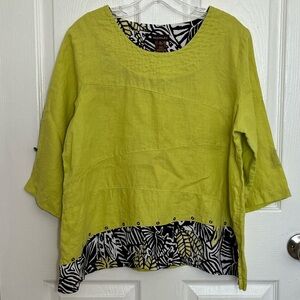 MULTIPLES Lime Green Linen Blend 3/4 Sleeve Women's Top | size Petite Large